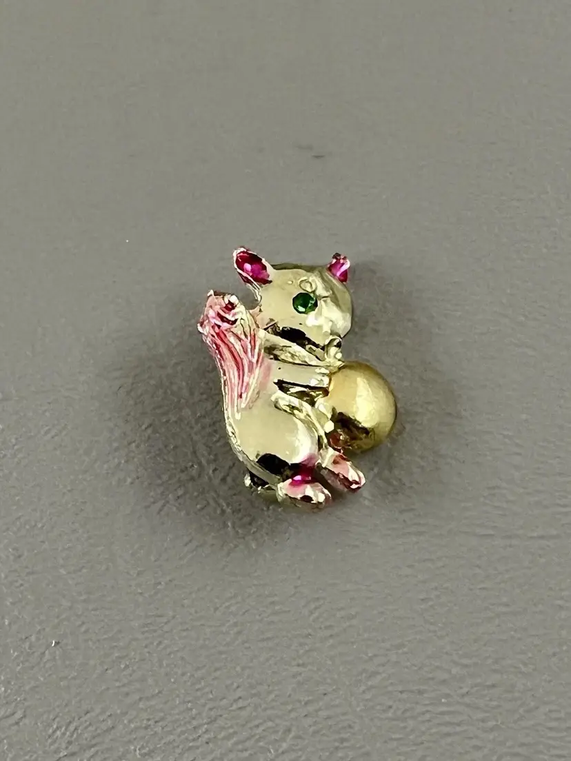 Vintage Squirrel Brooch Pin Gold Tone Pink Enamel Green Rhinestone Eye Figural