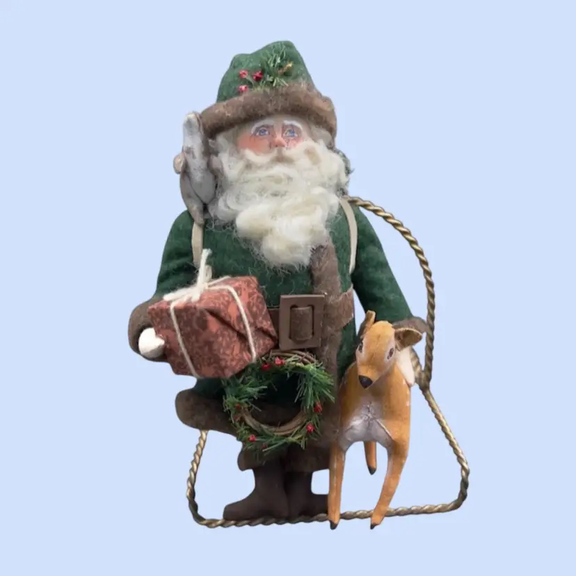 #665- Vintage Ornament Christmas Santa 
Collectible Signed By Gladys Boalt 1998
 “Black Forest Santa” Green Felt Figurine Woodland Animal Collectible Hand Painted Face Deer Squirrel Rabbit