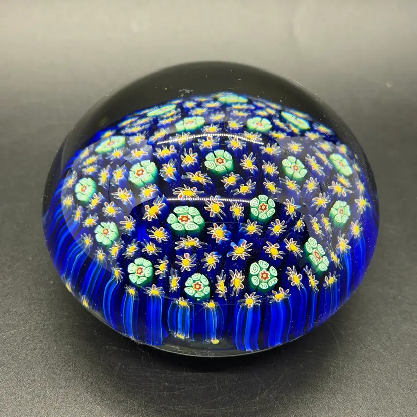 VTG  Cobalt  Blue -Flowers Murano Glass Paperweight Floral Murano  Italy 3.25”