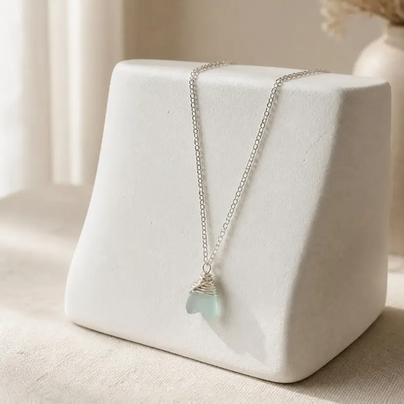 Silver Wire-Wrapped Seaglass Necklace- Light Aqua
