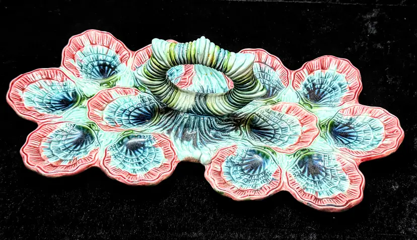 Antique French Majolica Master Oyster Server with handle 12 Wells 15.5" A1044