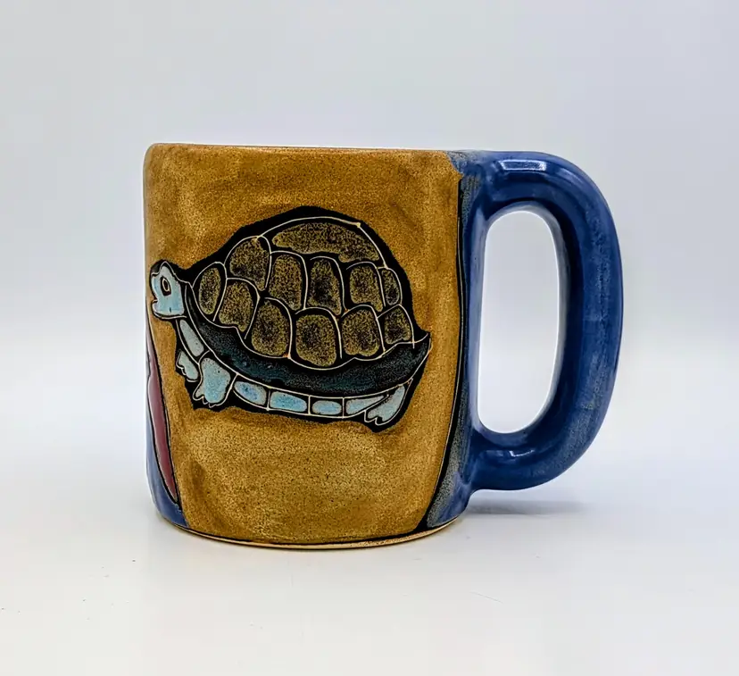 Signed Mara Mexico Sea Turtle Art Pottery Mug Handcrafted Stoneware Blue 4.5"