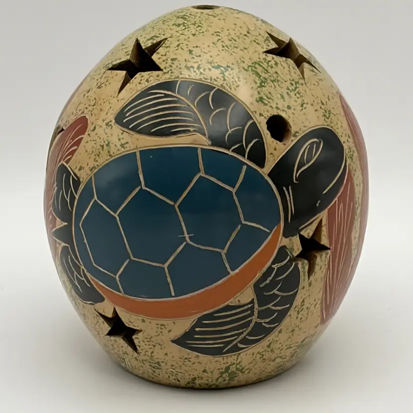 Handmade Nicaraguan Luminary Folk Art Pottery Tea Light Etched Turtles Signed Pedro Guerrero San Juan de Orientes