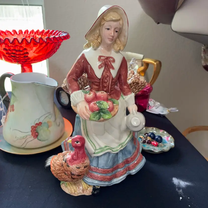 Fitz And Floyd Classics Harvest Feelings Pilgrim Thanksgiving Lady Candlestick Succulent Container 11” Tall By 7.5” Wide