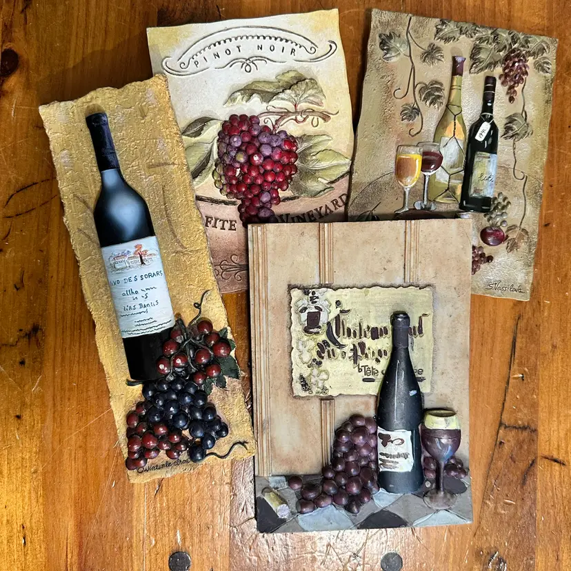 3D Wall Art Plaque Tiles of Wine & Grapes (Resin) Set Of 4