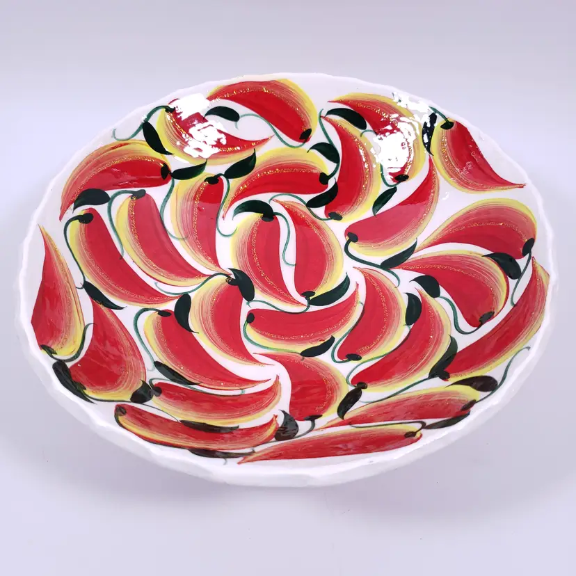 Cozumel Mexican Folk Art Red Gold Chili Peppers Scalloped Footed TERRACOTTA BOWL