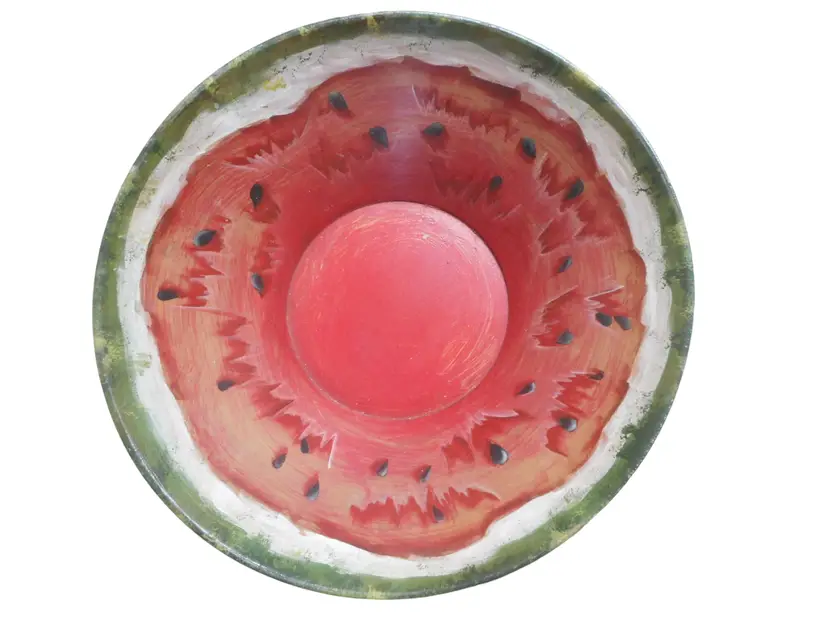 Vintage Watermelon Motif Wood Bowl Folk Art Fruit Console Dish