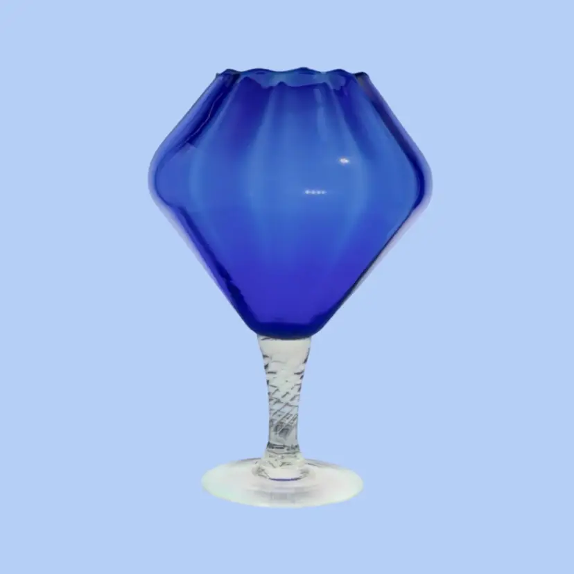 #099- Empoli Art Glass Vase 7” Goblet Cobalt Optic Twist Stem Ruffled Trim