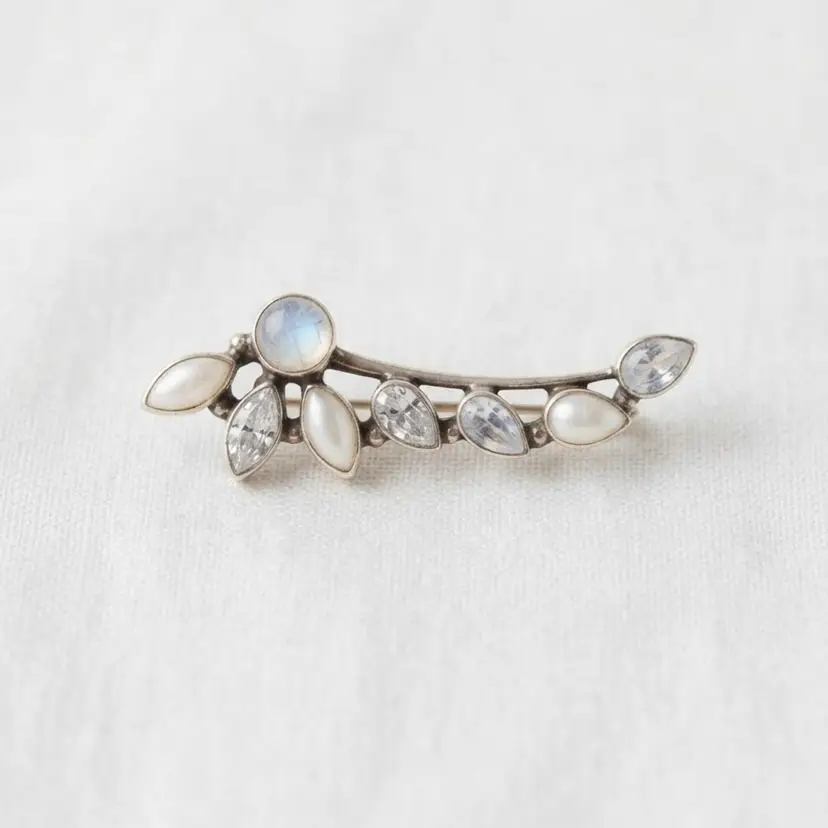 Vintage 925 Sterling Silver Moonstone & Crystal Cluster Branch Brooch / Pin - India