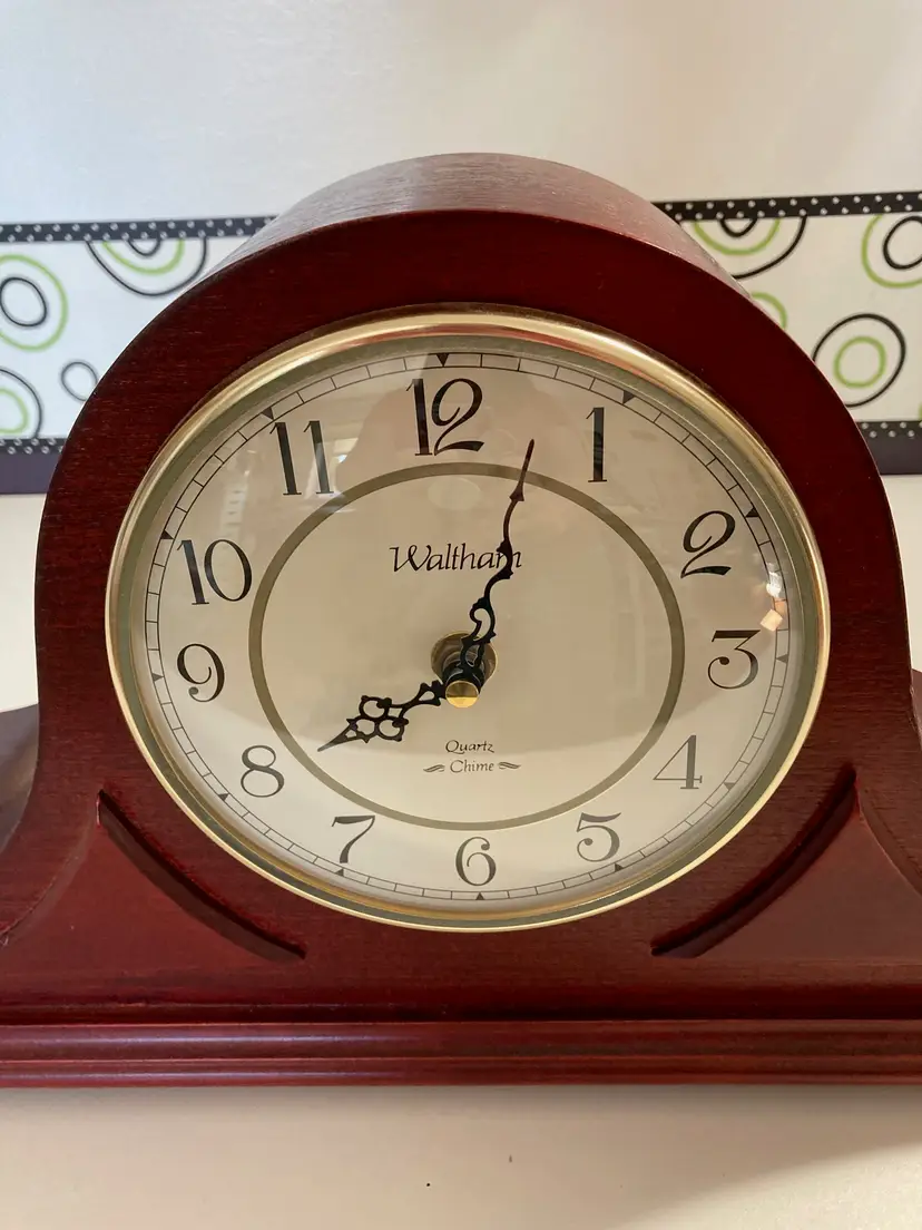Waltham Quartz Chime Mantel Clock by Spartus Home Furnishings - Battery Operated - Camel Back Design w Cherry Wood Finish - Works