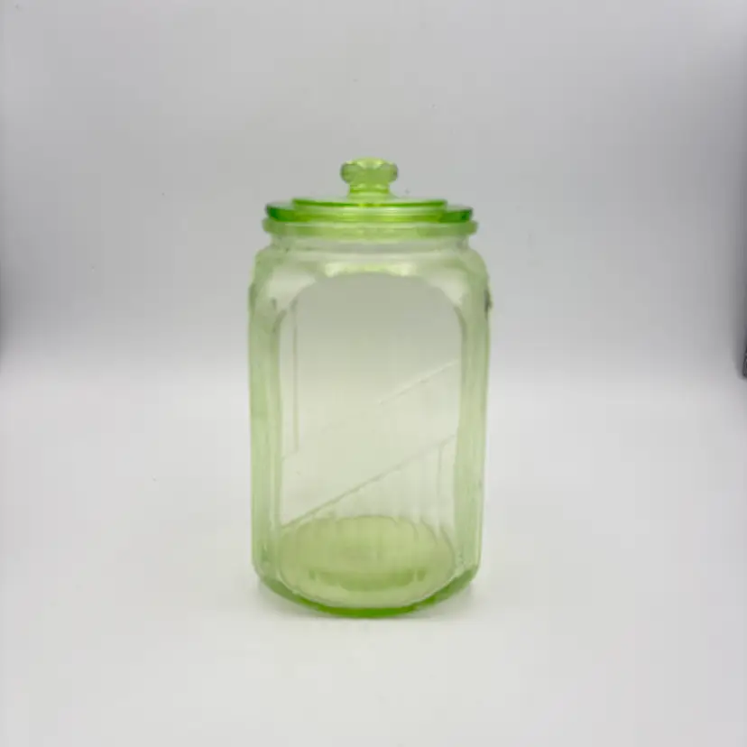 Vintage Uranium Anchor Hocking Glass  Depression Hoosier Ribbed Canister Jar Glows