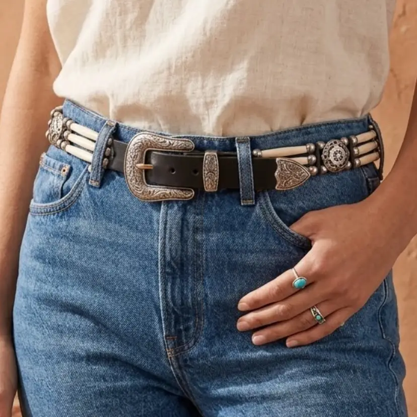 78. Native American Three-strand belt made of genuine buffalo horn and cow bone, adorned with silver-toned conchos and a decorative buckle set Size 34