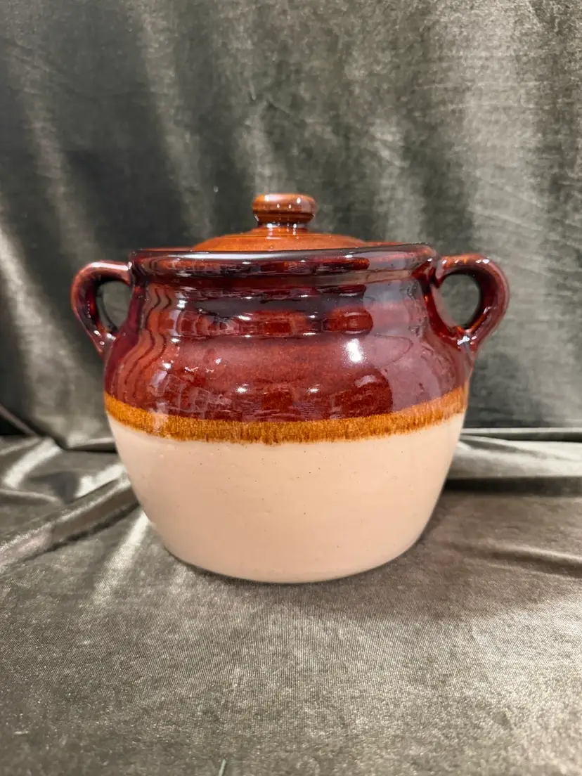 Vintage Unmarked Monmouth / Robinson Ransbottom Two-Tone Brown Bean Pot Crock with Lid