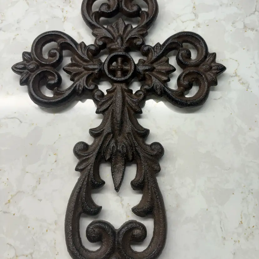 Vtg Wrought Iron Cross Trivet Wall Hanging Cast Iron Fleur De Lis Ornate 9.5"