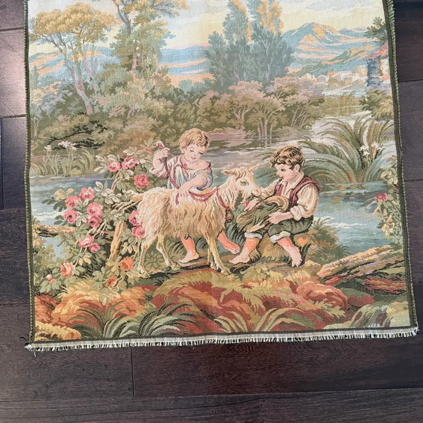 Vintage Tapestry Square Boy Girl W Goat Pillow - Wall Hanging Italy 20”
