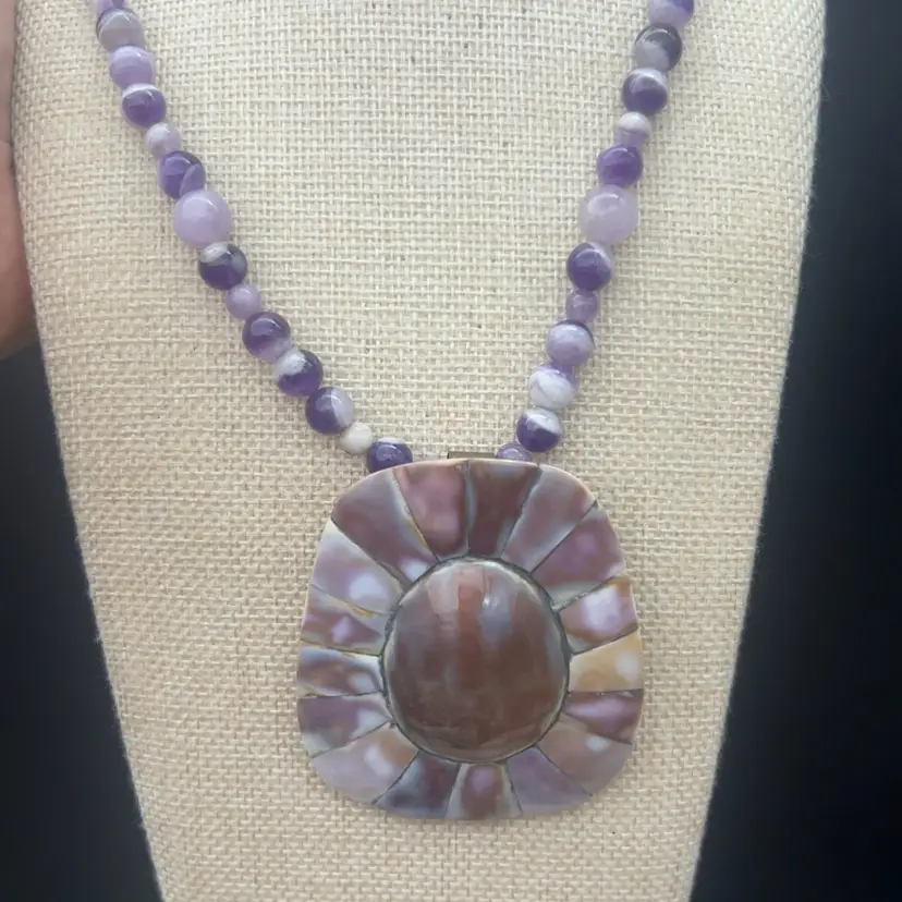 #01 Vintage 1980s Karla Jordan Amethyst Necklace 20” Removable Mosaic Shell Statement Pendant Signed