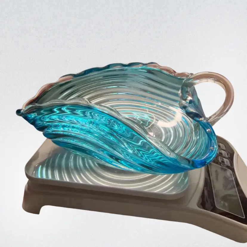 Turquoise Blue- Art Glass- Ribbed- Nappy Basket Bowl, Gold Aventurine Flecks On Applied Handle/Base,  Hand-Blown 8”x7” Candy Dish