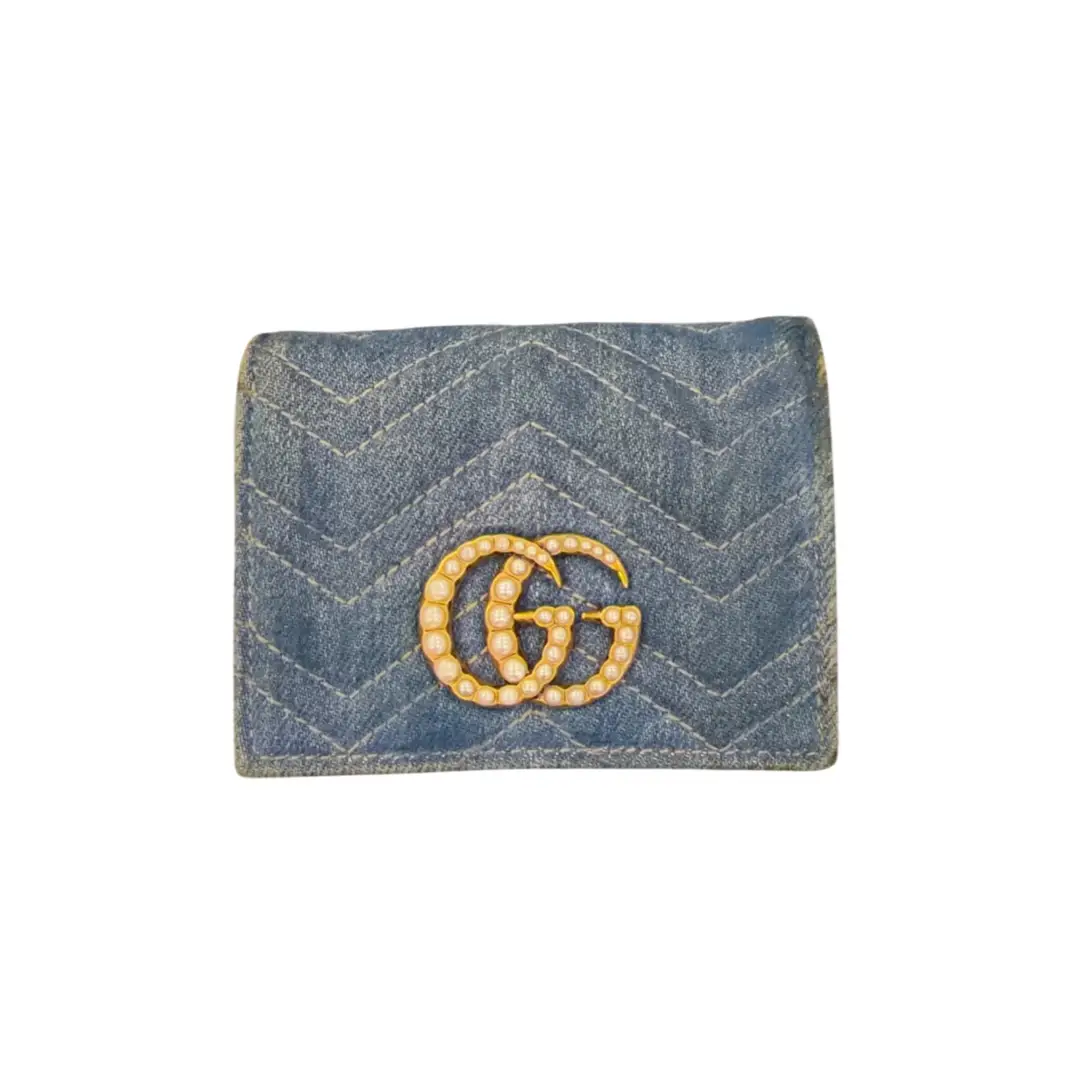 Gucci Denim Matelassé Pearl GG Marmont Compact Wallet