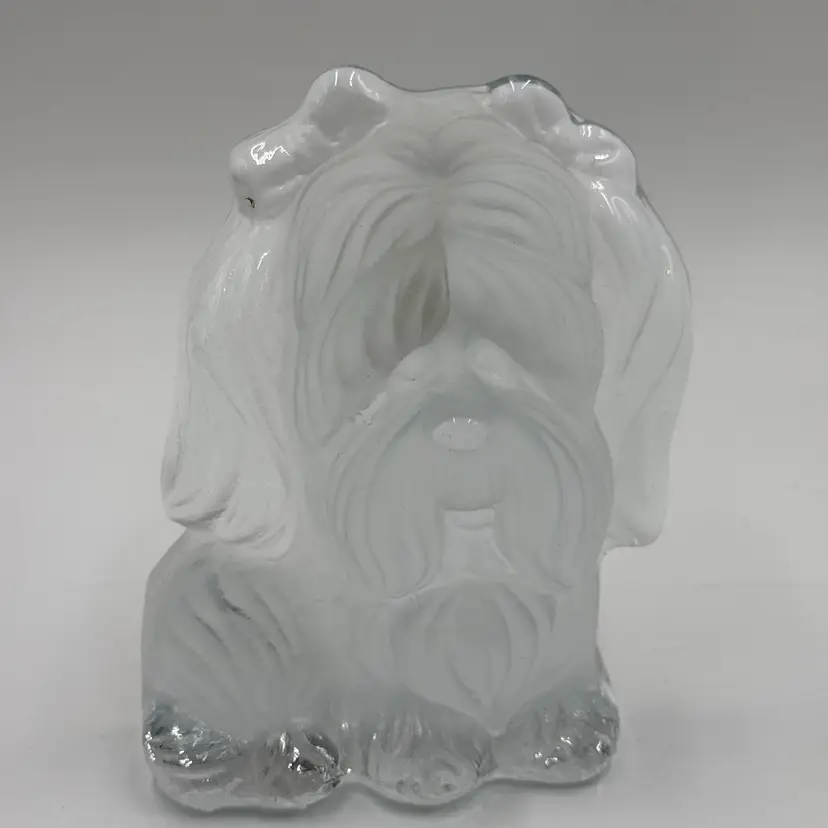 Viking Glass Clear Frosted Yorkie Shih Tzu Dog Figurine Vintage Paperweight Bookend