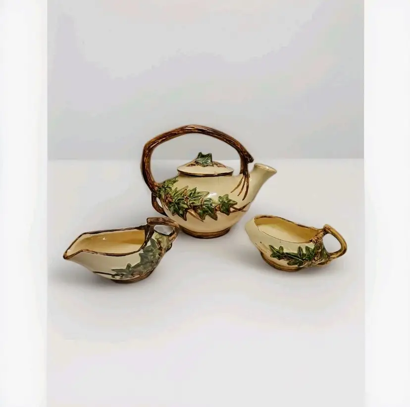 McCoy Raised Ivy Teapot Tree Branch Handle Open Sugar & Creamer Set Vintage 1940’s