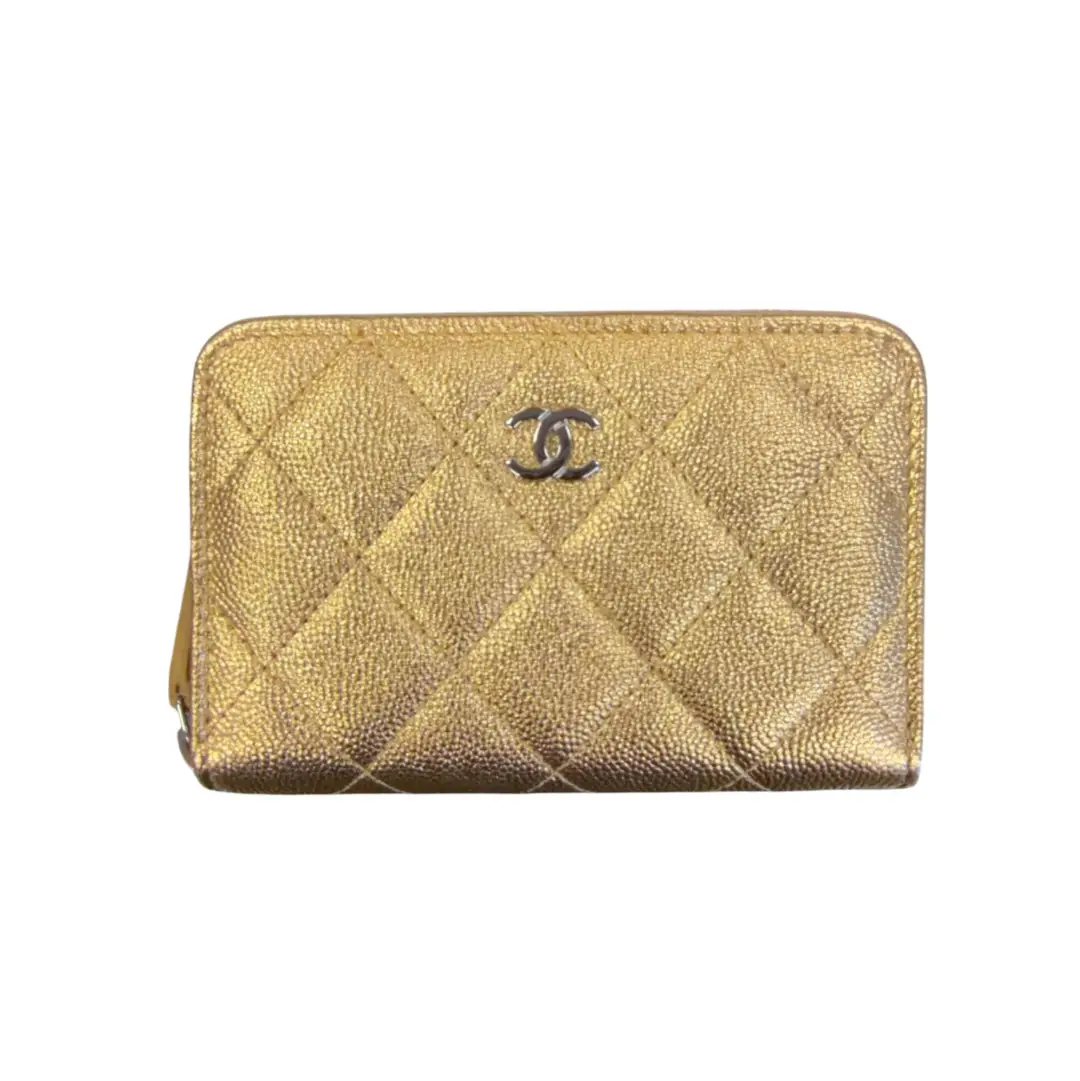 Chanel Gold Caviar Compact Zip Wallet