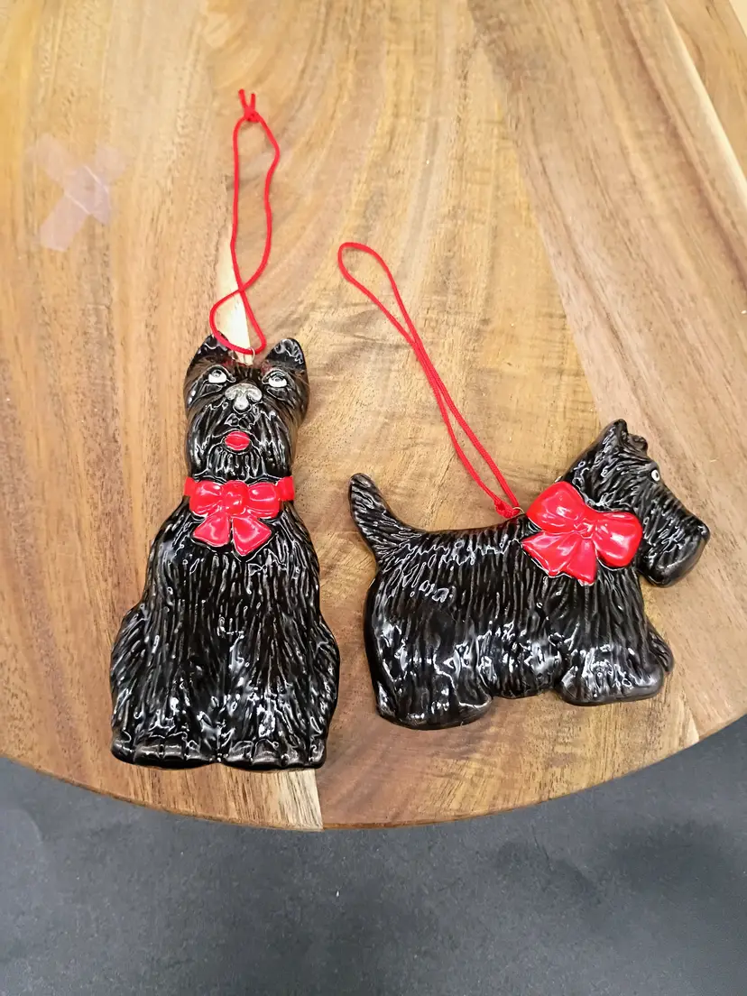Set of 2 Ceramic Hand Painted  Black Scottie Dog Ornaments with Red Bows.
