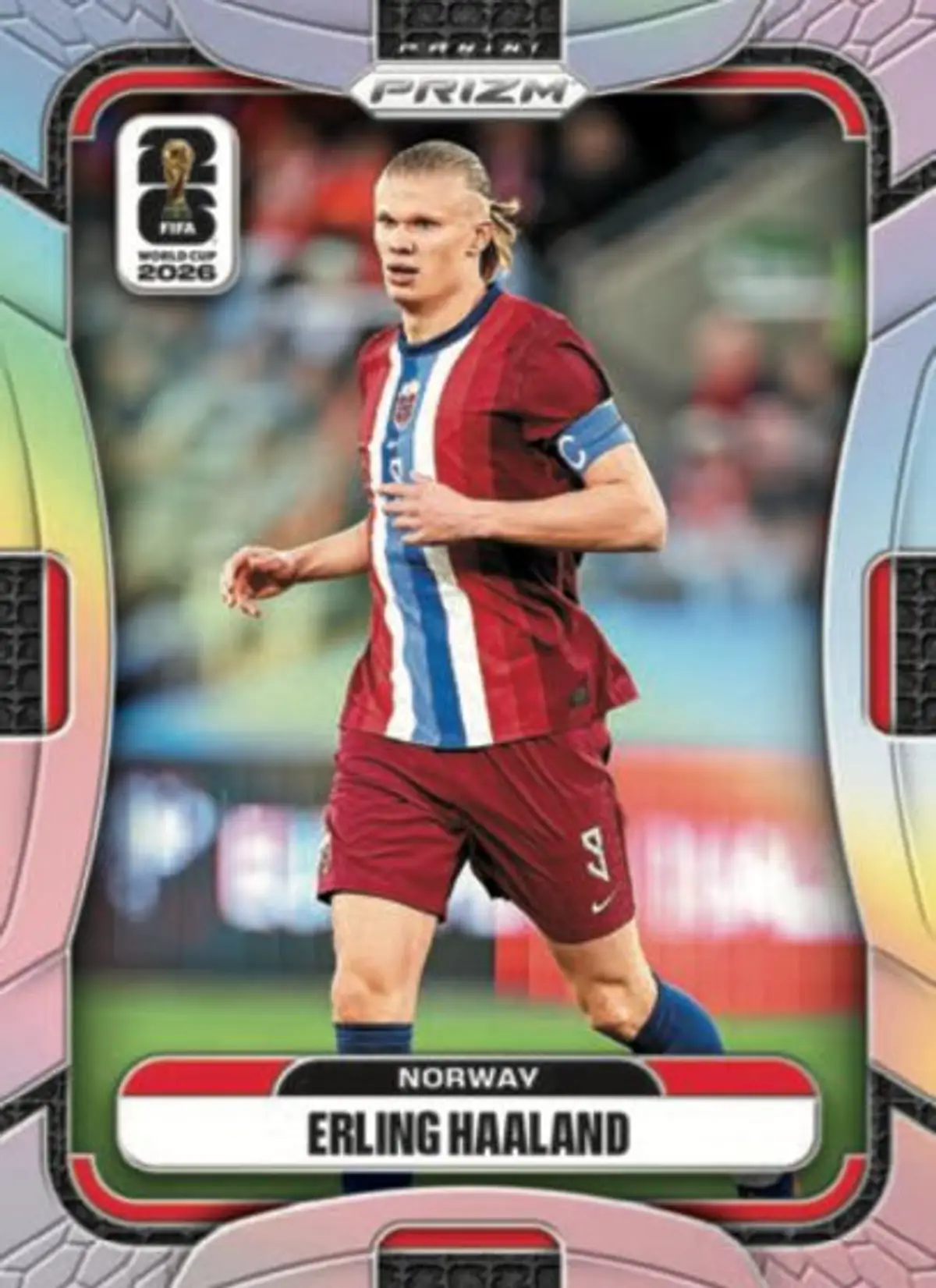 Erling Haaland Silver Prizm parallel card from 2026 Panini Prizm FIFA World Cup featuring the Norway striker in a maroon national team kit with rainbow refractor finish
