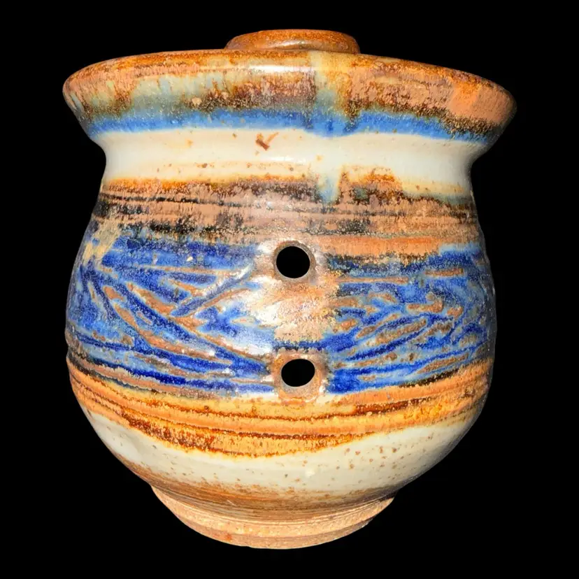 Signed Eckert Pottery Blue Tan Glazed Garlic Jar with Lid 5”