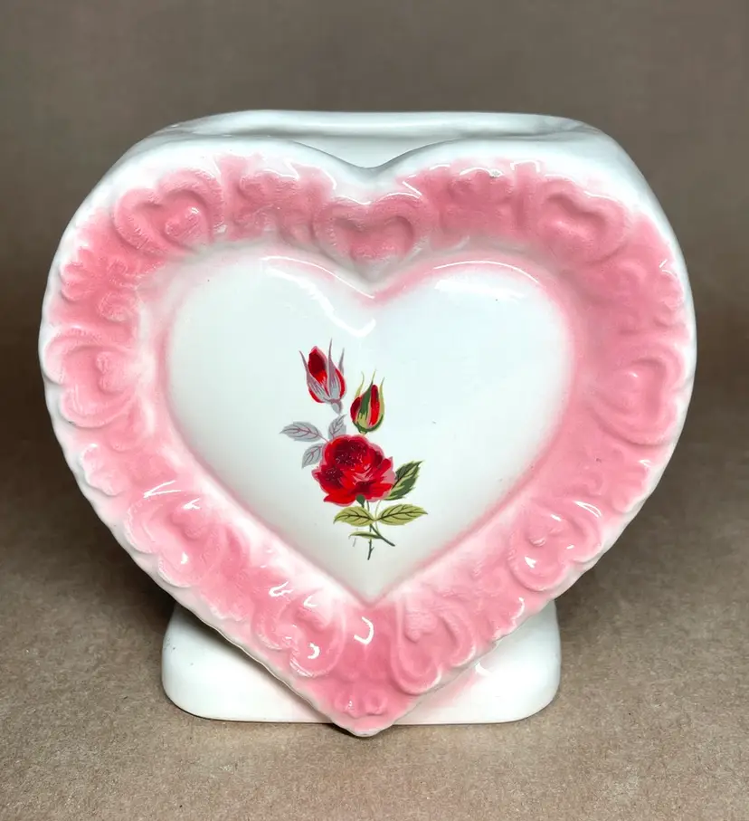 Heart Shaped Ceramic Table Vase with Roses and Pink Trim - Shabby Chic Valentine's Day