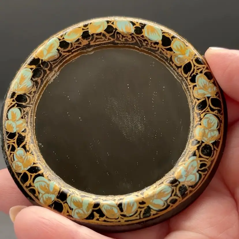 Mint & Gold Hand-Painted Looking Glass Pocket Mirror | Kashmiri Papier-Mâché Lacquerware