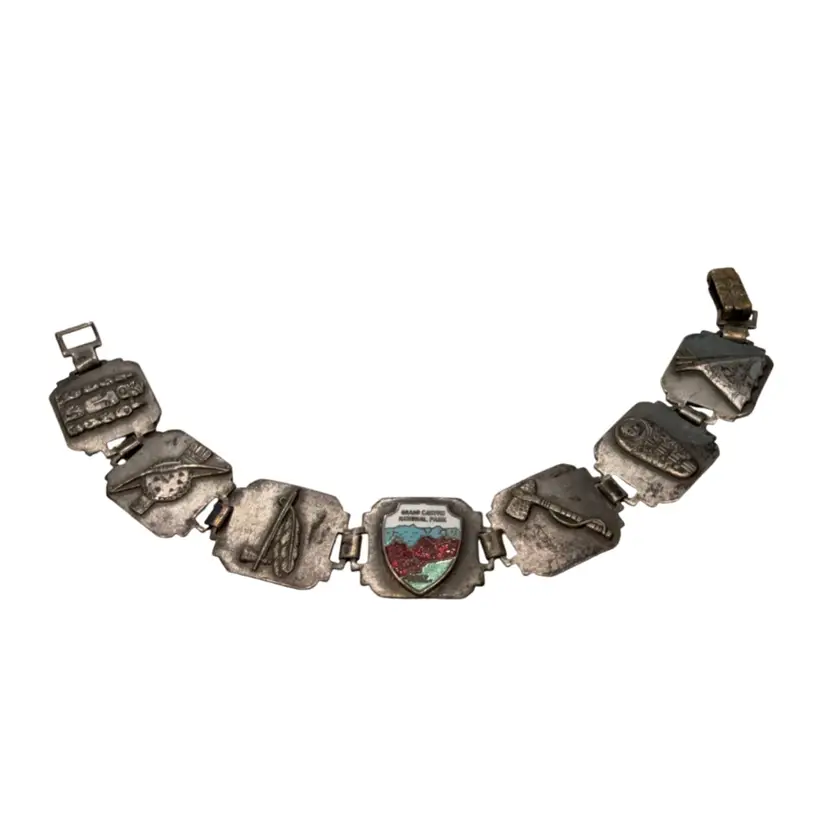 Vintage Native American South Western Story Link Bracelet Silverplated Brass , 7”