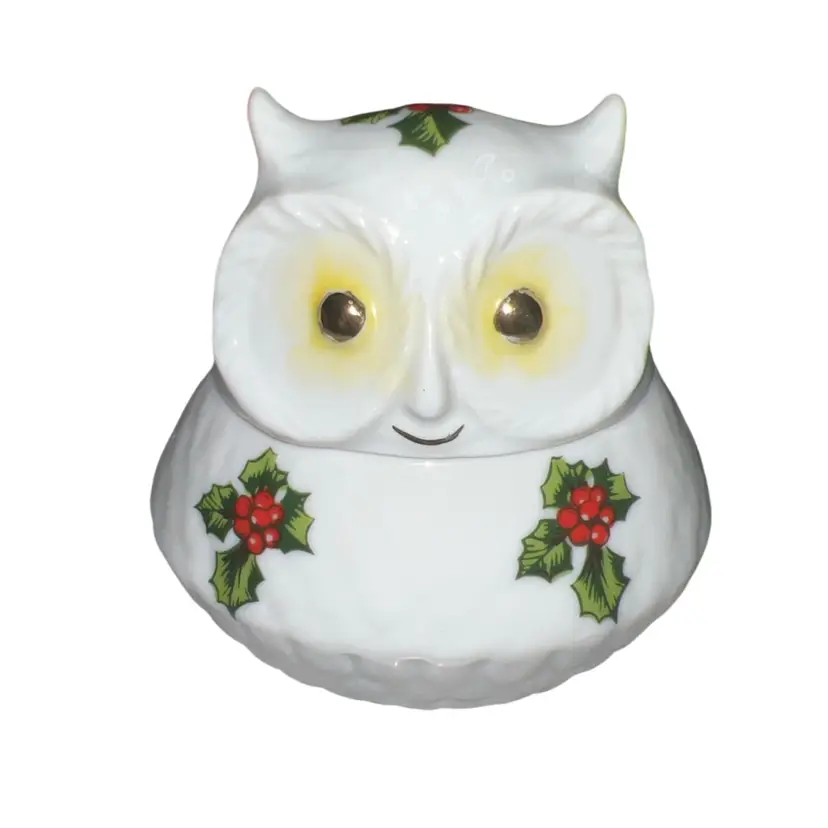 Lefton Owl Trinket Jar Hand Painted Holly Berries