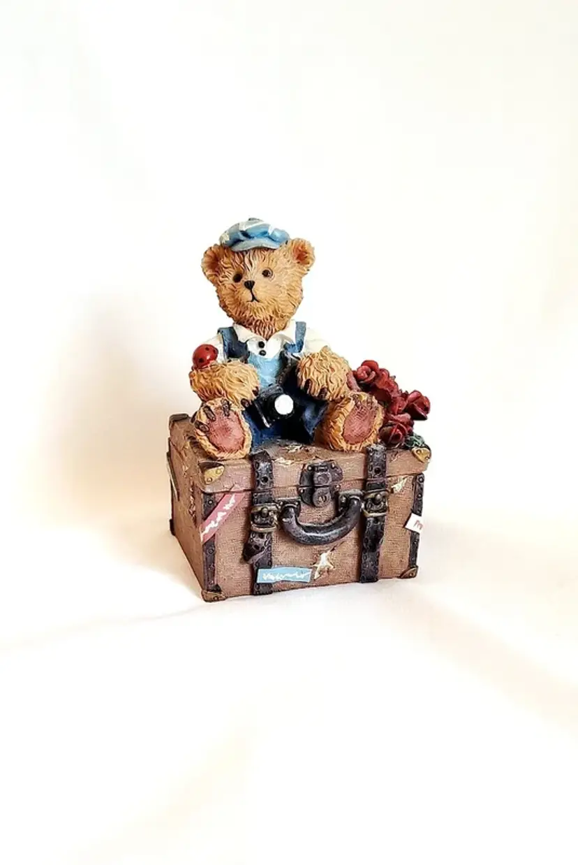 Vintage Richesco Teddy Bear on Travel Trunk Trinket Box