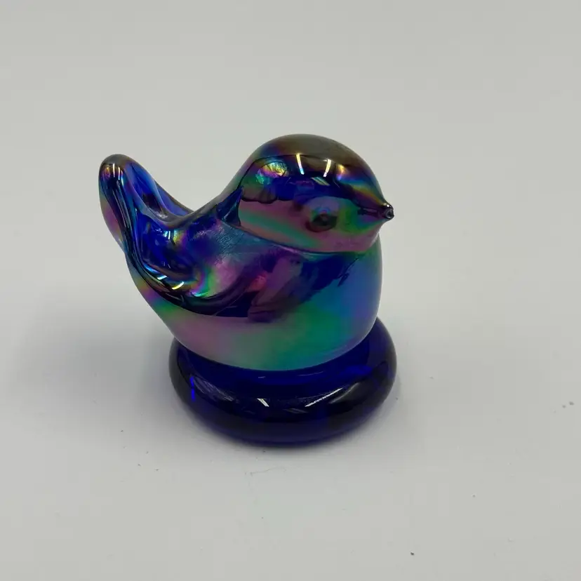 Iridescent Blue Blown Glass Rainbow Bird Signed Leo Ward Vintage Art Glass Figurine