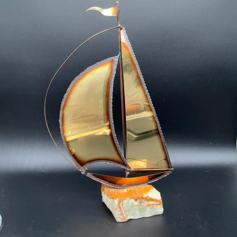 Vtg Mario Jason Signed Brass Copper Sailboat Sculpture 12" Onyx Base MCM Nautical