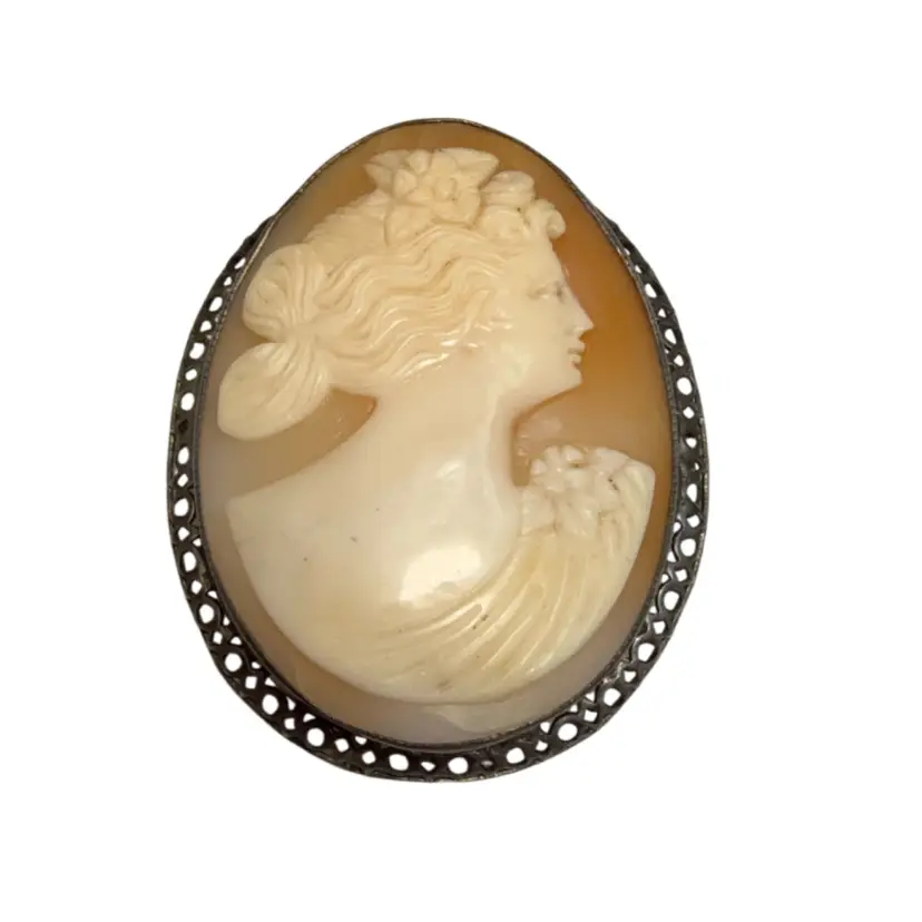 Antique Carved Shell & Sterling Silver Filigree Cameo Brooch - 2”
