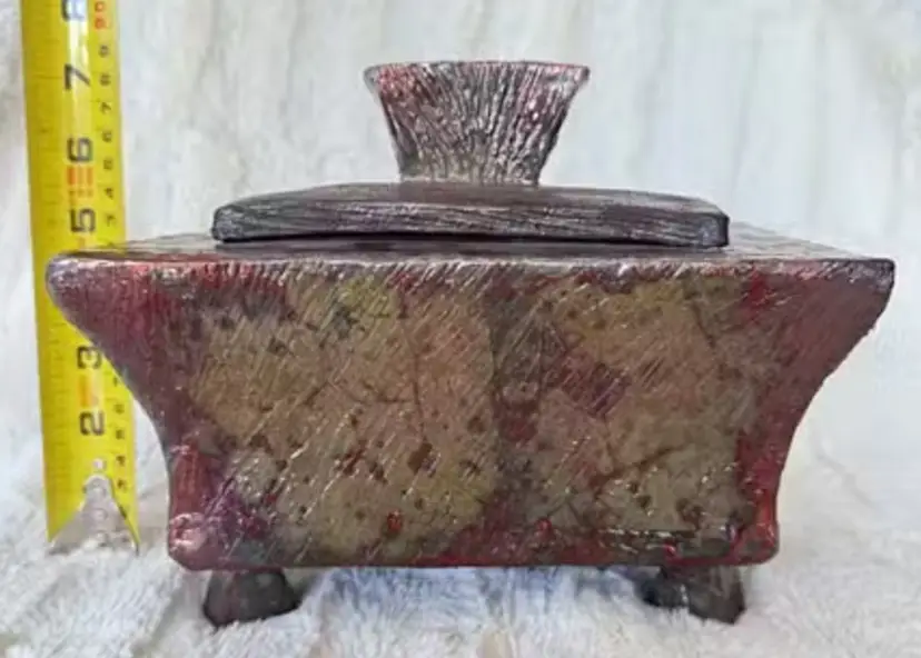 Decorative Handmade Raku Pottery Box with Removable Lid & Detailed Feet