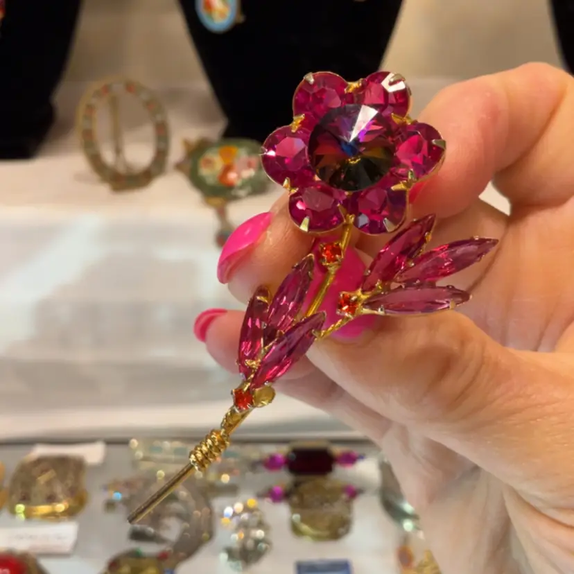 Pink RS Flower Brooch Unsigned