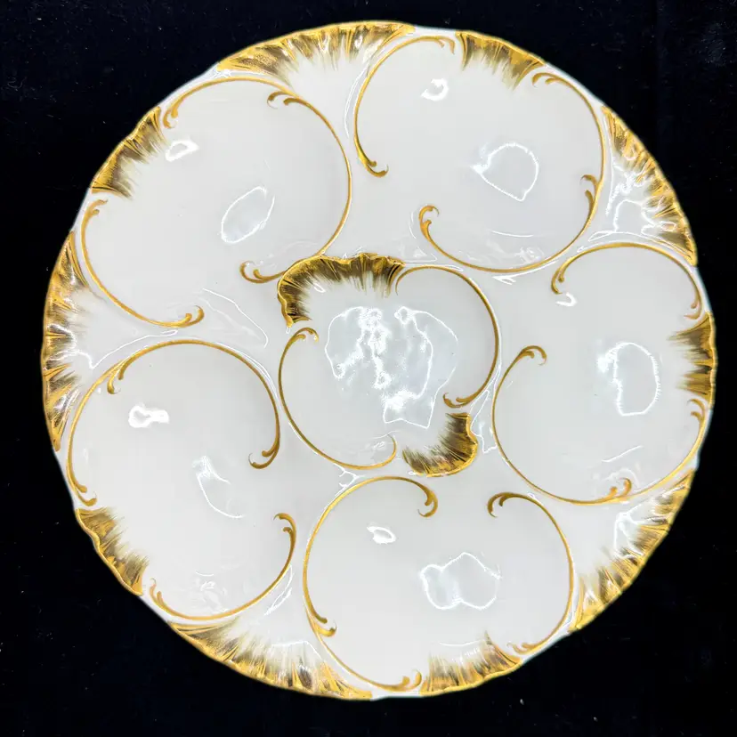 Antique Haviland Limoges Oyster Plate White Rich Gold Gilt 8.25in A1174