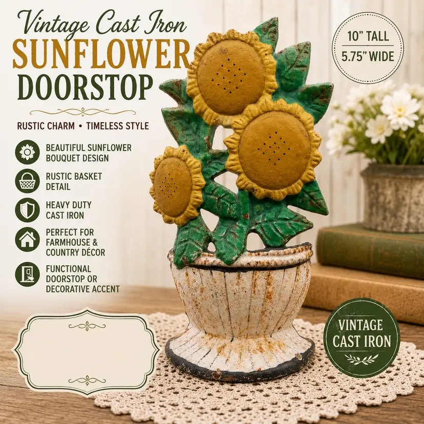 ONLY $14.77 Vintage cast iron sunflower doorstop features a rustic basket design with yellow sunflowers and green leaves.