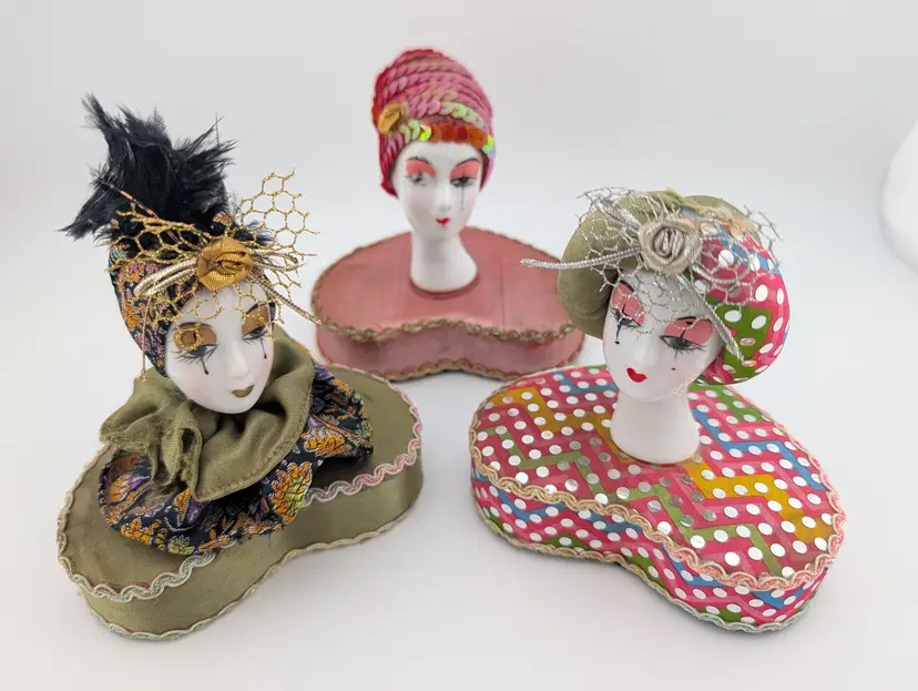 Set of 3 Vintage Harlequin Pierrot-Style Doll Busts with Heart Bases
