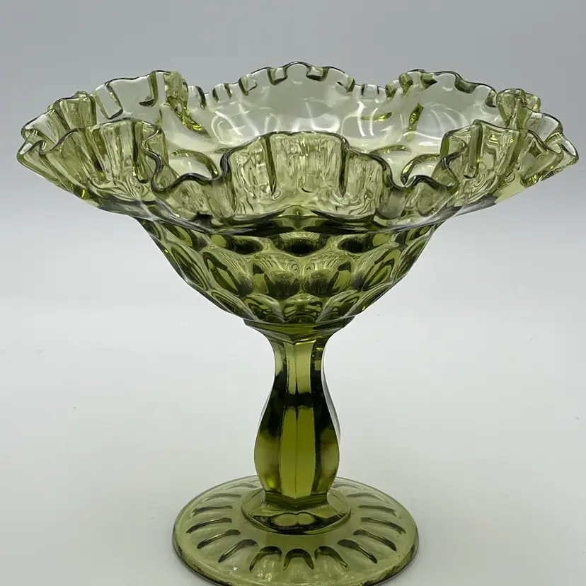 Fenton Colonial/ Avocado Green Thumbprint Ruffled Pedestal Compote