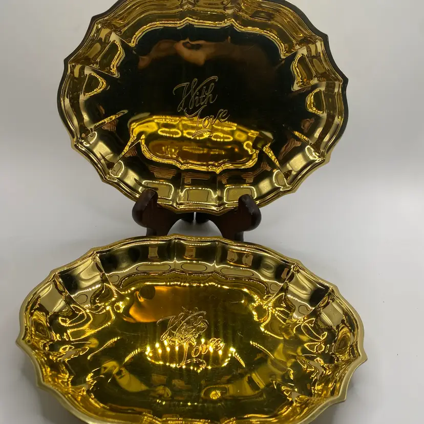 Vintage Brass With Love Scalloped Trinket Dish Tray Pair Set of 2 Perfect Condition