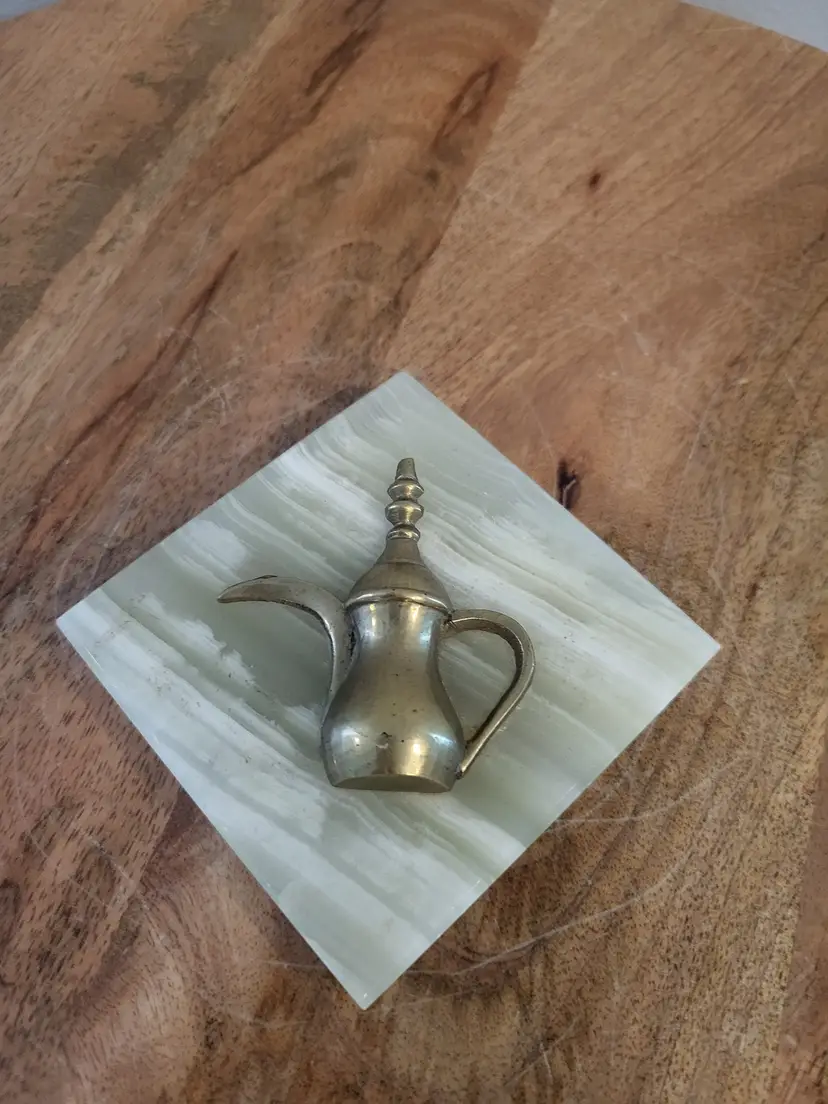Arabic Brass Dallah Coffee Pot On Onyx Stone Paperweight Knick Knack