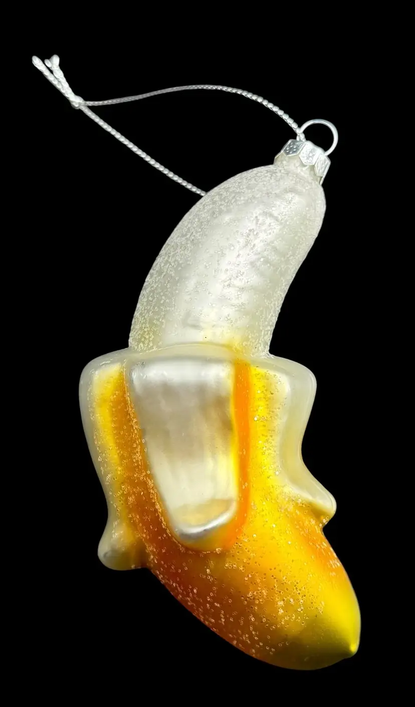 Blown Glass Peeled Banana Fruit Christmas Tree Ornament Glitter Yellow Food 5”
