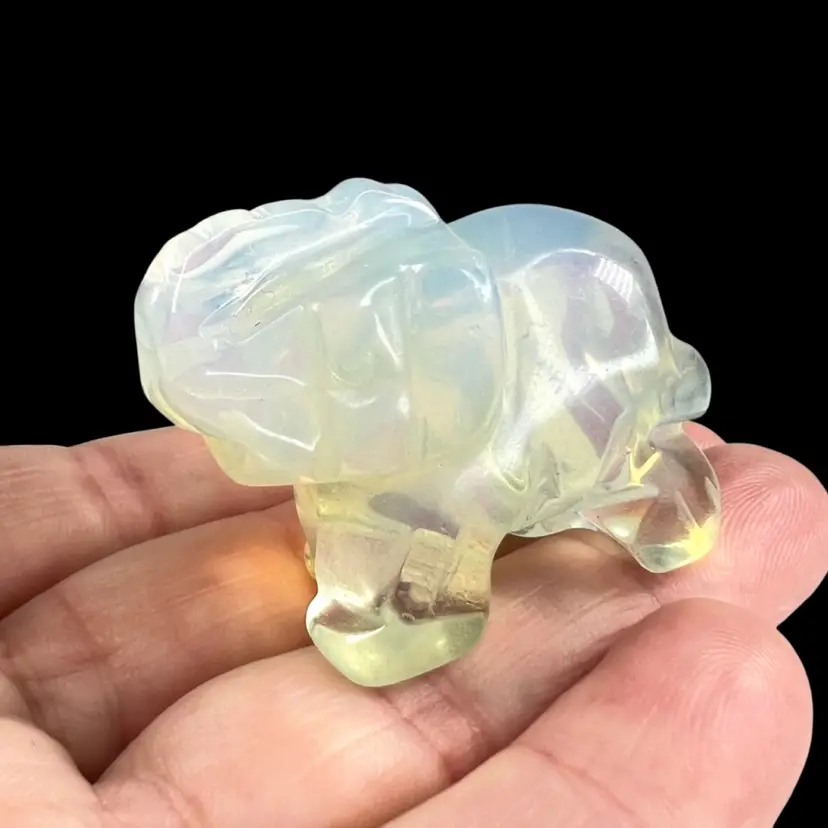Opalite Glass 1-1/4” Mini Elephant 🐘 . Trunk Up. Lovely Soft Milky Color Carving Figurine w Orange Fire Iridescence.