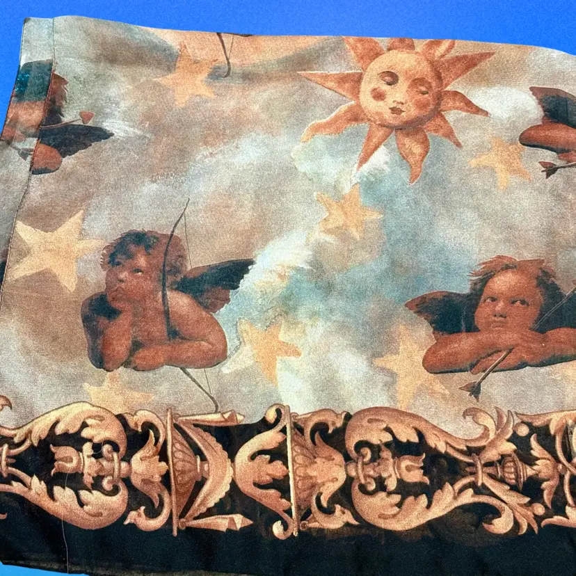 Vintage Accessory Street Celestial Chocolate/Gold/Tan "Baroque Cupids" Scarf Italy (KK)