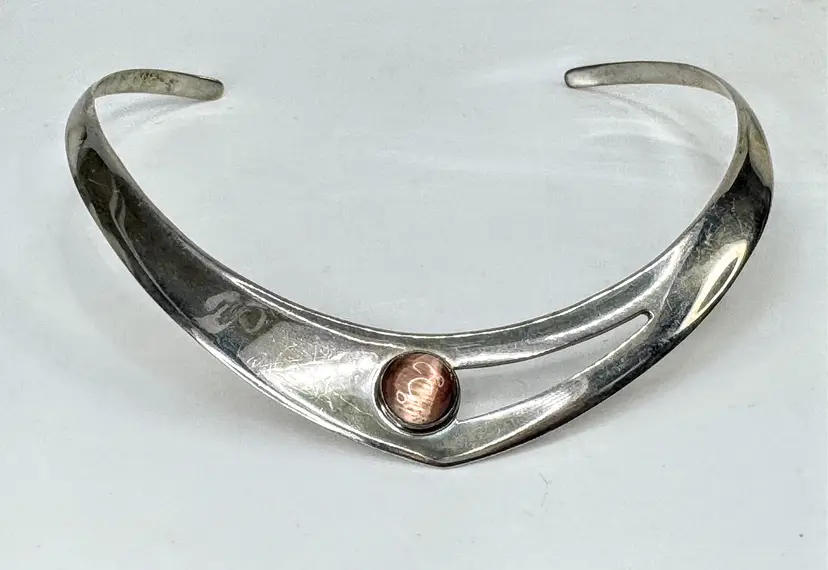 Vintage Mexico 925 Sterling Silver Cat Eye Modernist Collar Necklace 48.9g JR210