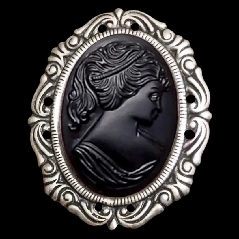 German Black Glass Cameo Hat Pin 8”