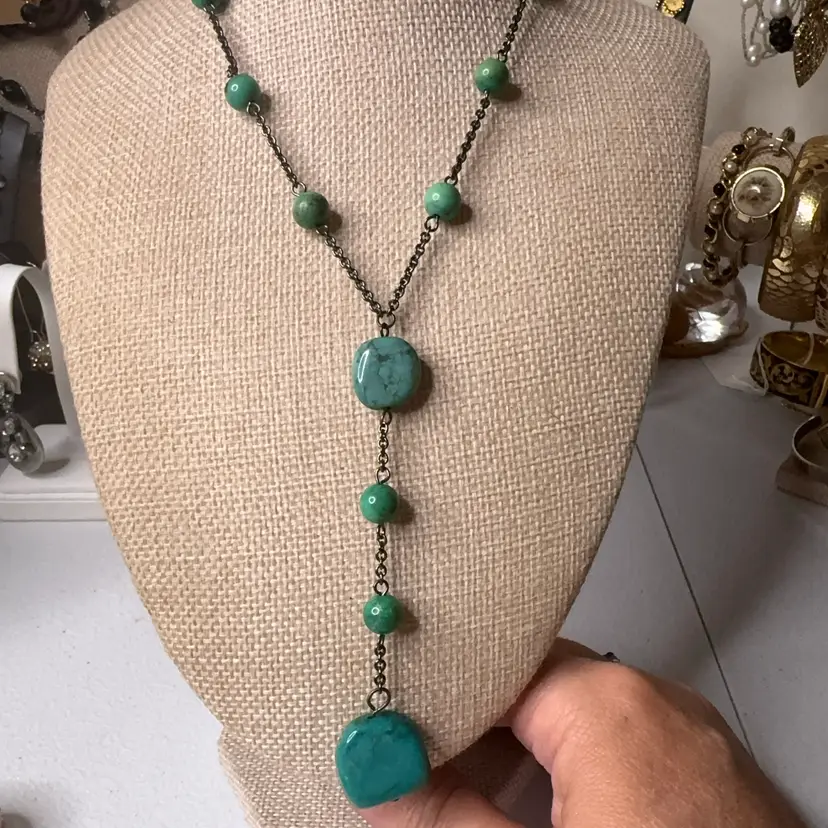 Vintage Natural Green-Teal Turquoise Y-Necklace